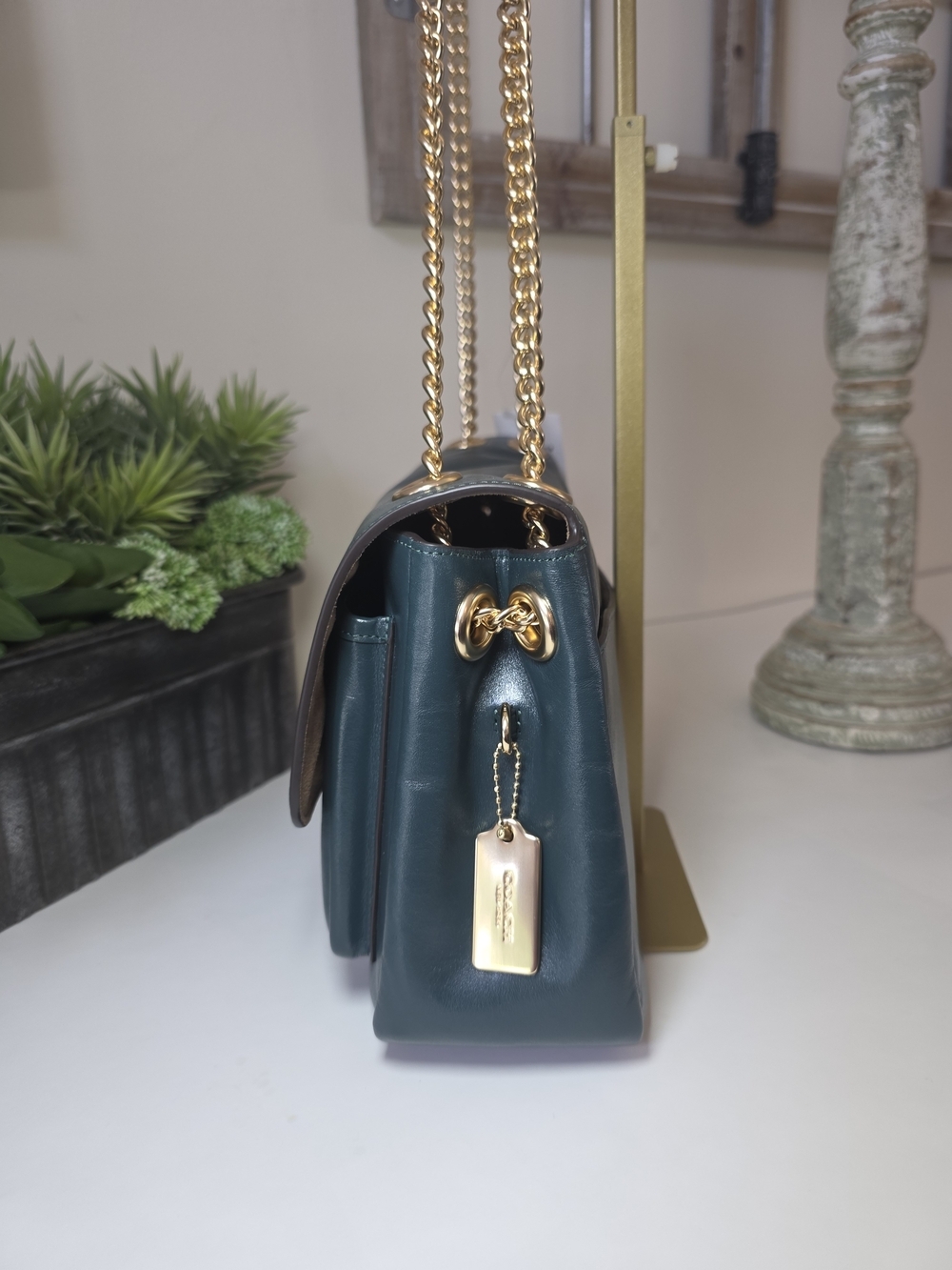 Coach Elodie Dark Teal Smooth Leather Crossbody/Shoulder Bag Gold Chain NWT - Picture 4 of 15